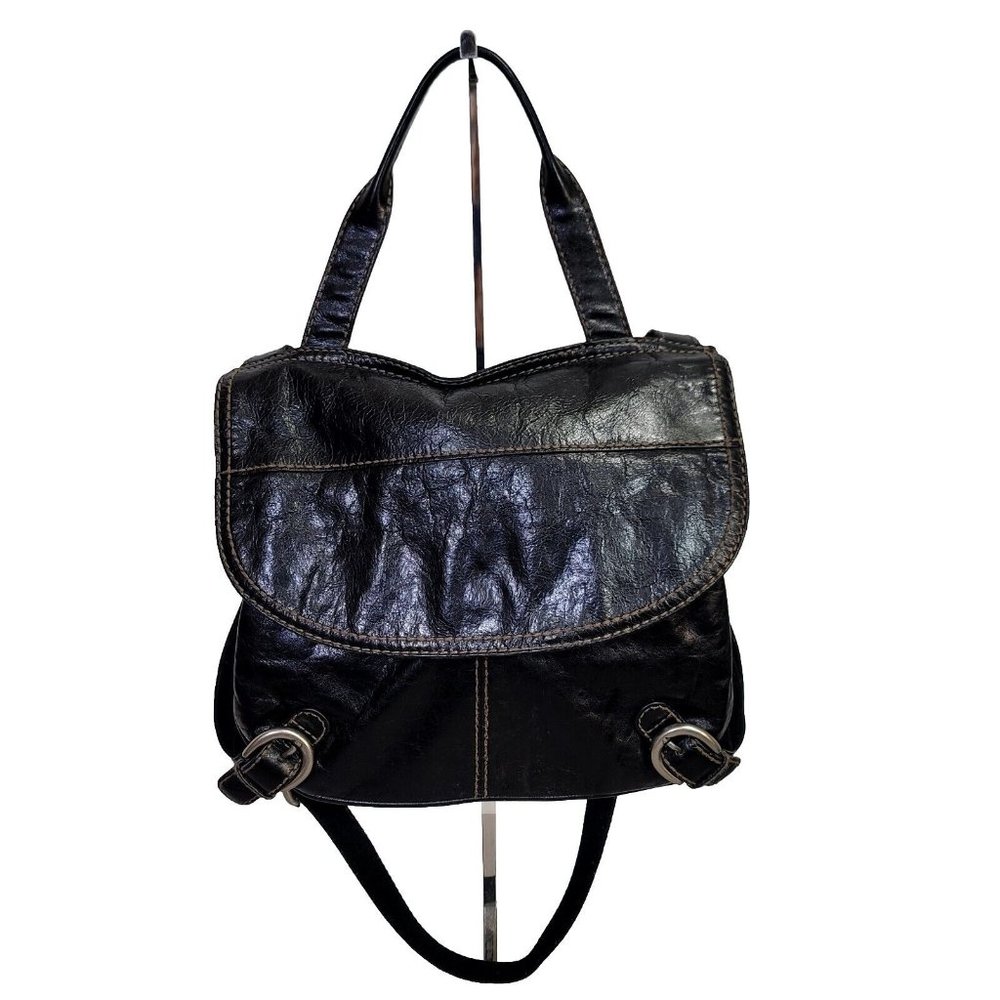 Fossil Lizette Black‎ Leather Canvas Messenger Bag Cross Body Purse